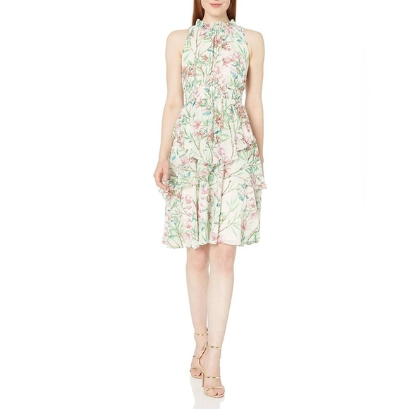 Eliza J Floral Sleeveless High Neck Ruffle Dress, Size 6 - Picture 1 of 9